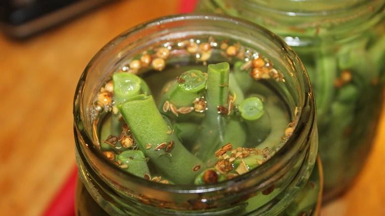 Dry Martini with a Spicy Pickled Green Bean