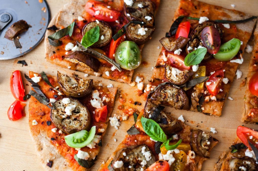 Eggplant Pizza with Mozzarella and Cherry Tomatoes