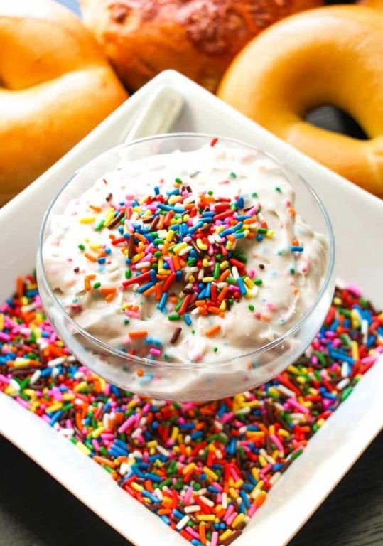 Funfetti Rainbow Bagels with Birthday Cake Frosting