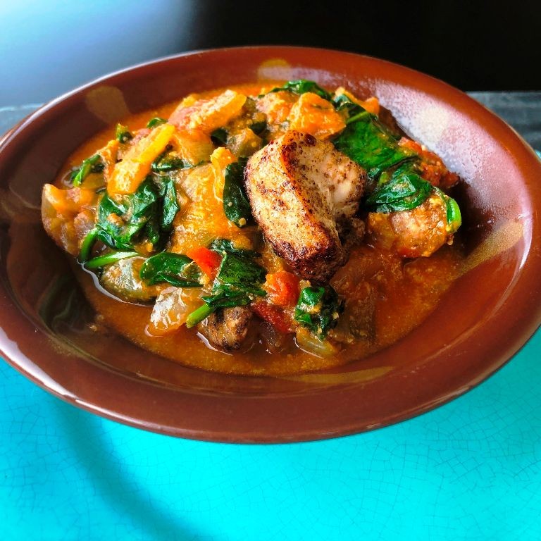 Gboma Detsi (Spinach Stew with Fish)