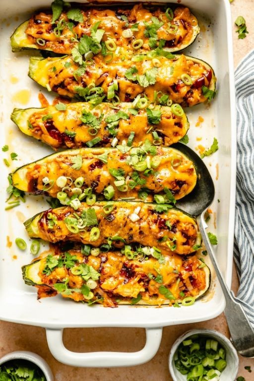 Goat Cheese and Chicken Stuffed Zucchini Boats