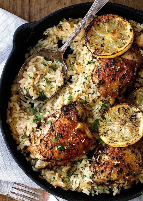Greek Spiced Chicken Thighs with Lemon Rice