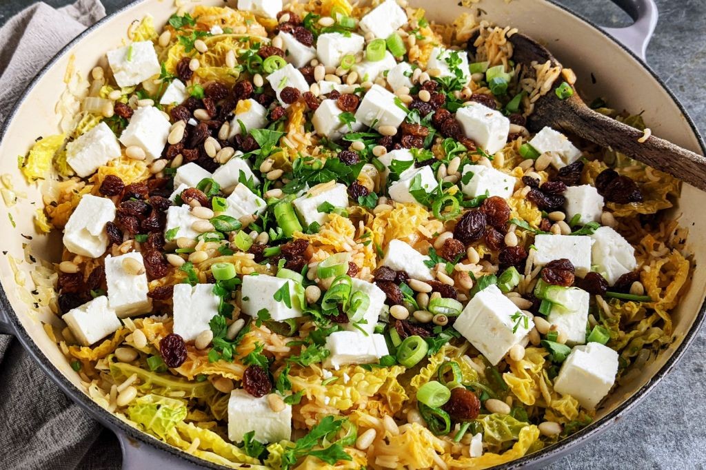 Greek-Inspired Cabbage Rice with Feta and Olives