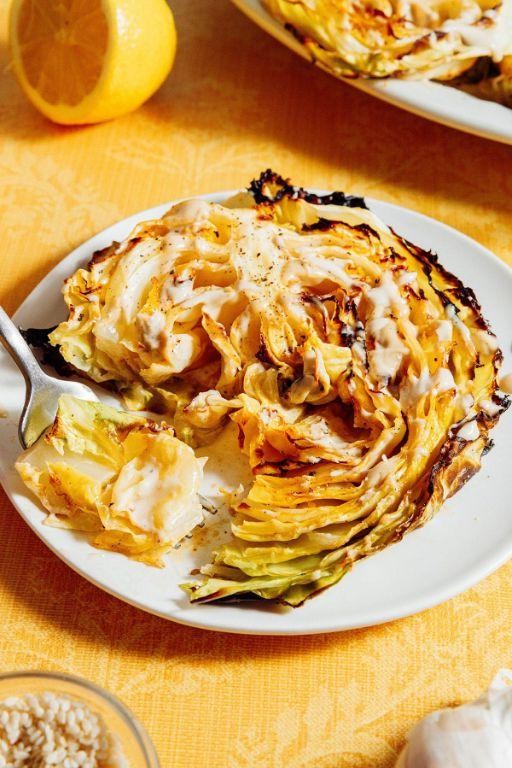 Grilled Cabbage Steaks with Lemon Tahini Dressing