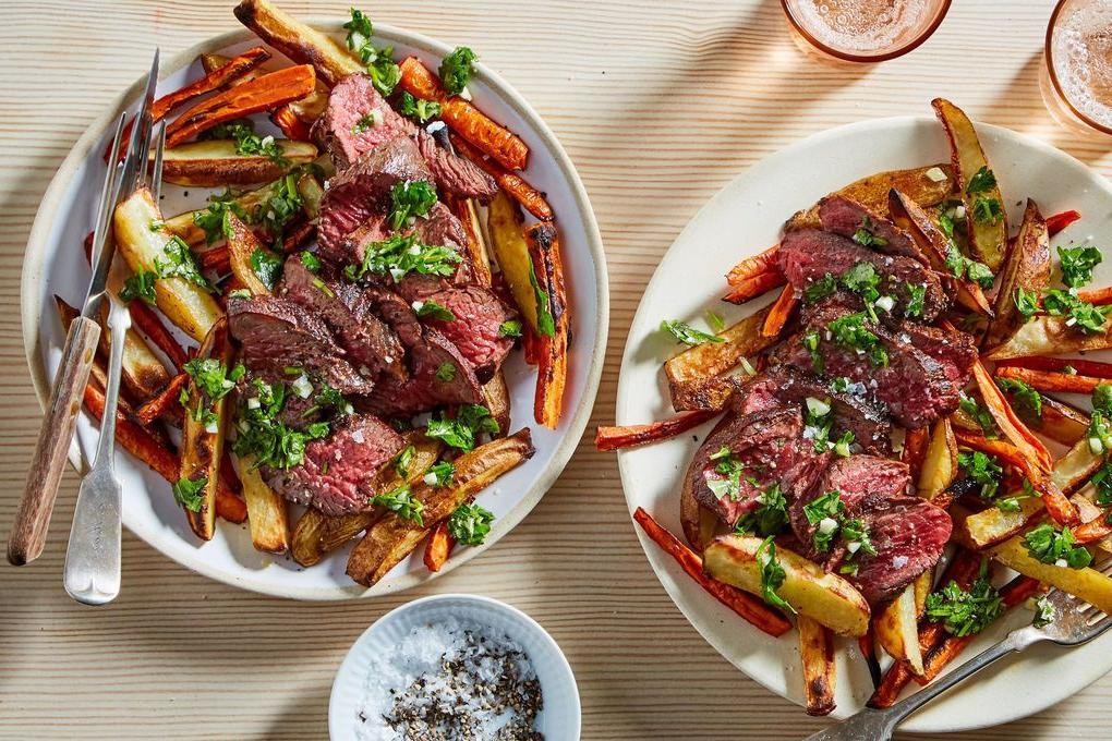 Grilled Steak with Chimichurri and Roasted Carrots