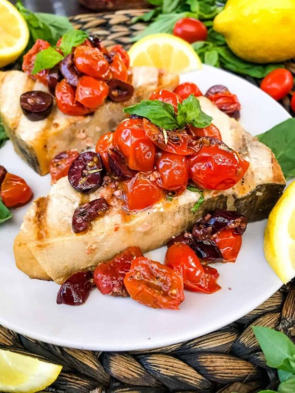 Grilled Swordfish with Tomato Olive Relish