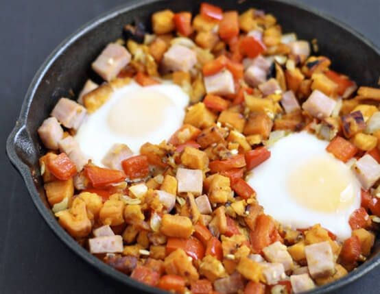 Ham and Sweet Potato Hash with Fried Eggs