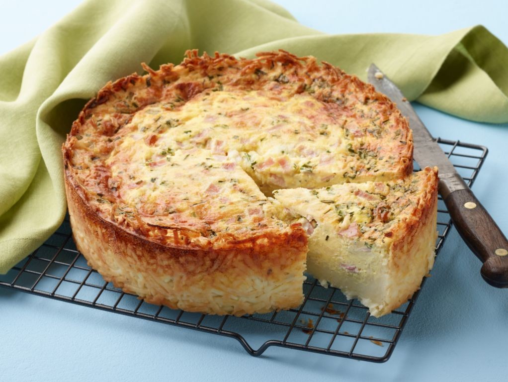 Ham and Swiss Quiche with Hash Brown Crust