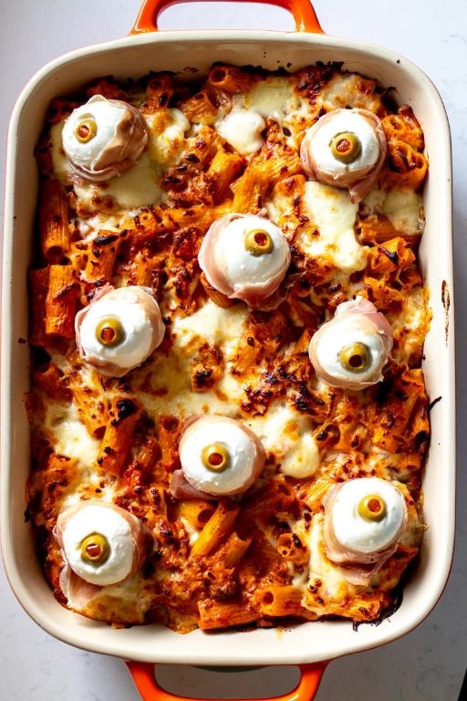 Haunted House Baked Ziti with Mozzarella Ghosts