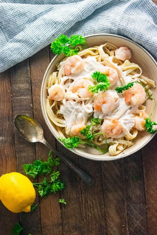 Healthy Shrimp Carbonara with Greek Yogurt