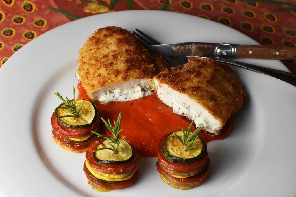 Herbed Goat Cheese Stuffed Baked Chicken Breast with Red Pepper Coulis