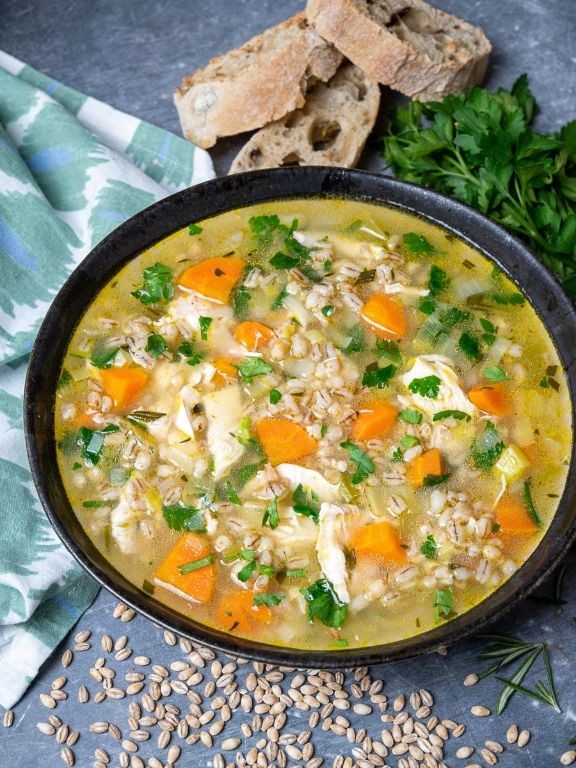 Herbed Shredded Chicken and Barley Soup