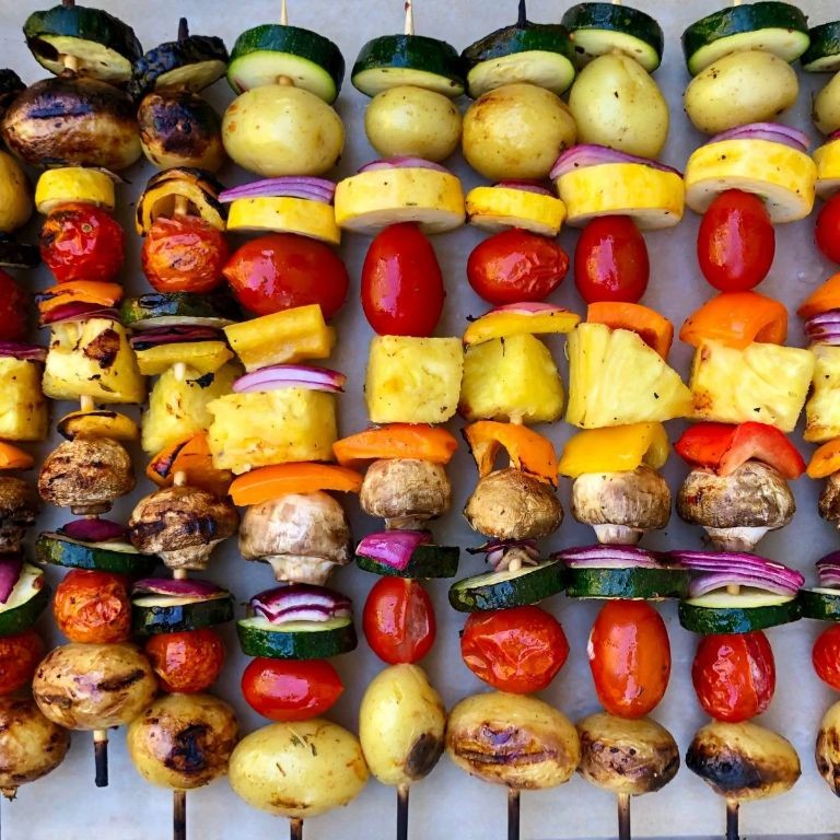 Huancaina Potato Skewers with Grilled Vegetables