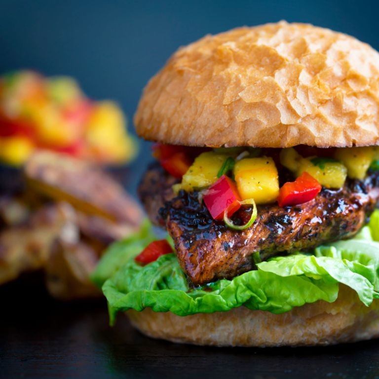 Jamaican Jerk Chicken Burger with Mango Salsa