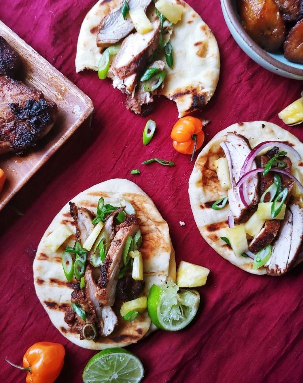 Jerk Chicken Flatbread with Arugula and Feta