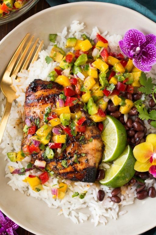 Jerk Chicken with Coconut Rice and Mango Salsa