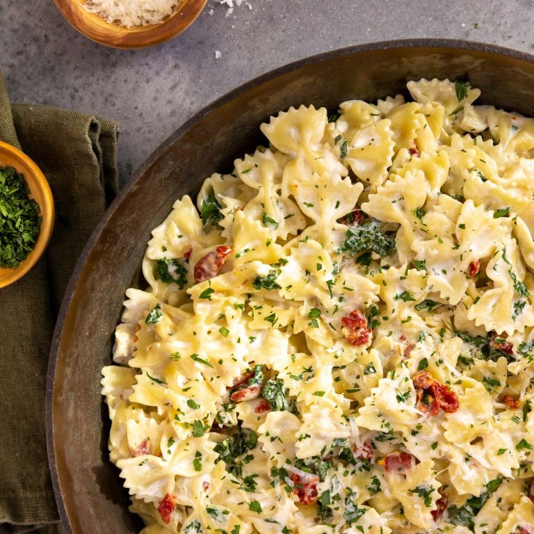 Kale and Sun-Dried Tomato Baked Farfalle
