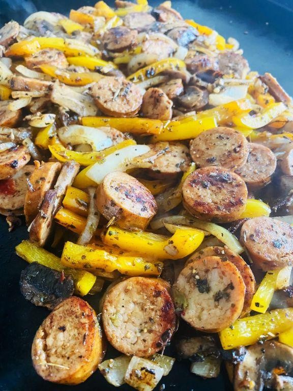 Keto Blackstone Spicy Sausage and Peppers