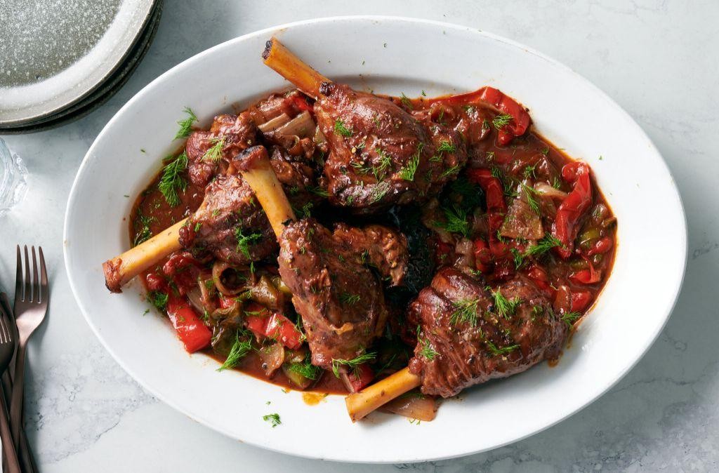 Lamb Shanks Braised in Tomato and Red Pepper Sauce