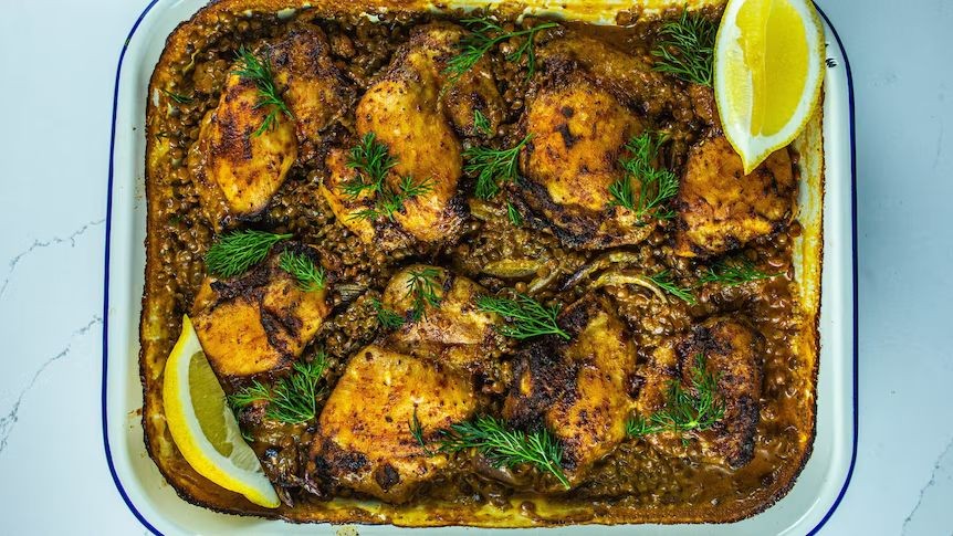 Lemon Garlic Lentil and Chicken Bake