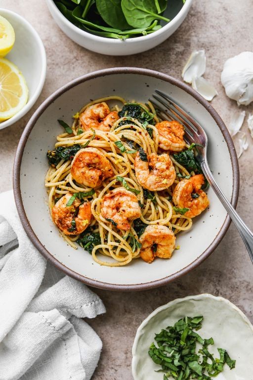 Lemon Garlic Spinach Pasta with Shrimp