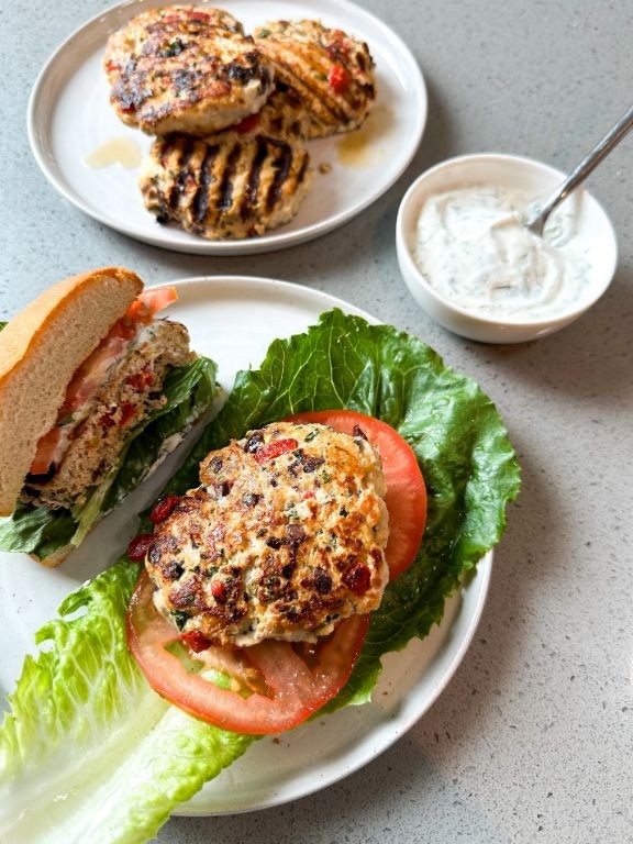 Lemon Herb Chicken Burger with Dill Yogurt Sauce