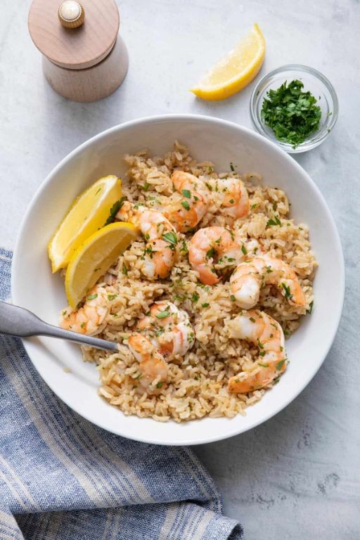Lemon Herb Shrimp and Brown Rice Pasta Bake