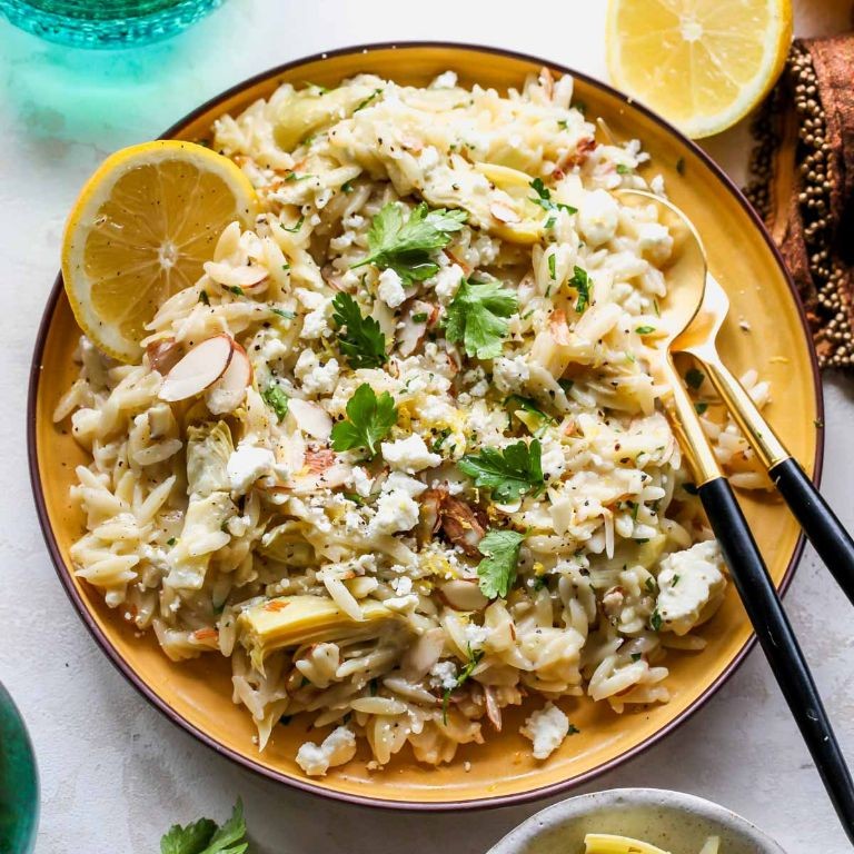 Lemon Orzo with Artichokes and Toasted Pine Nuts