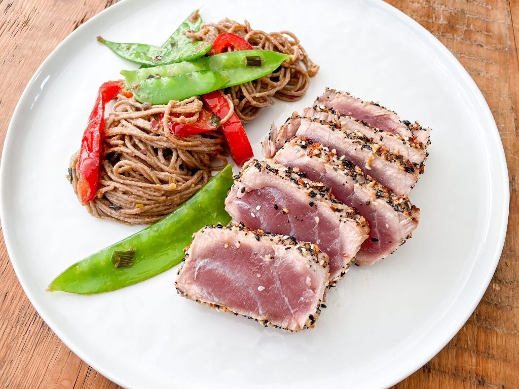 Marinated Sesame Tuna Steak with Sesame Noodles