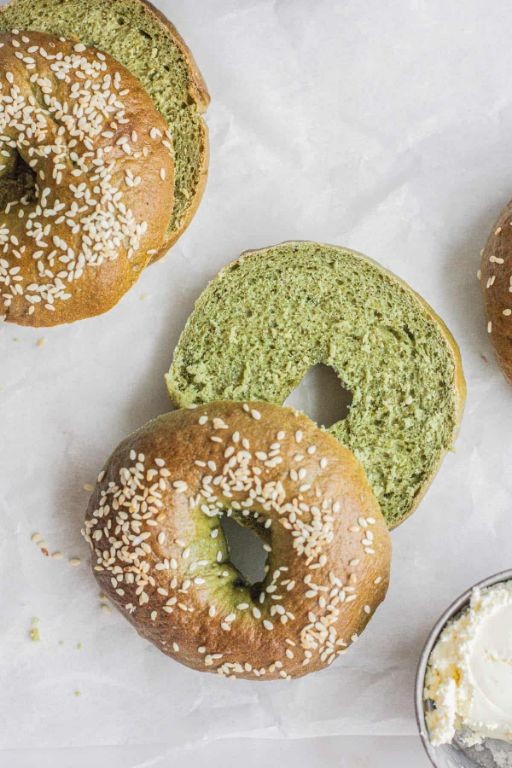 Matcha Green Tea Rainbow Bagels with White Chocolate Drizzle
