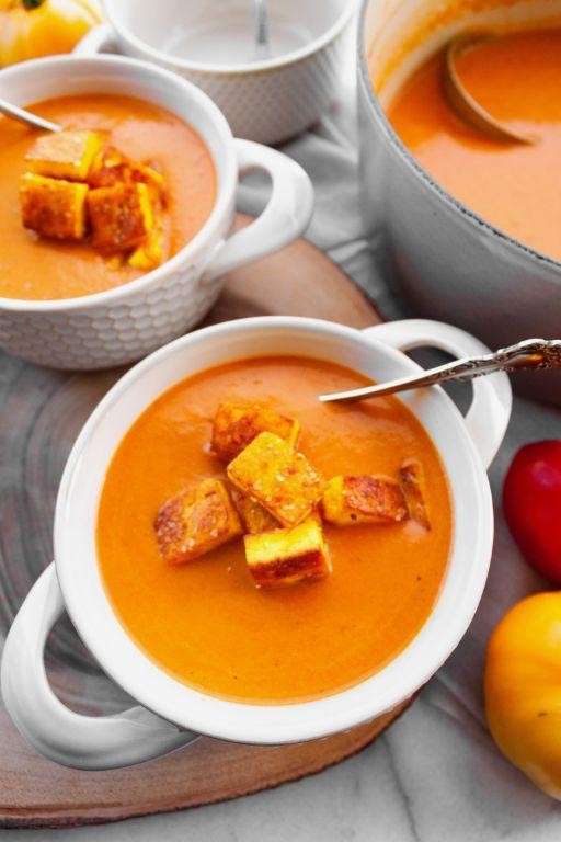 Mattar Paneer Soup with Herbed Croutons