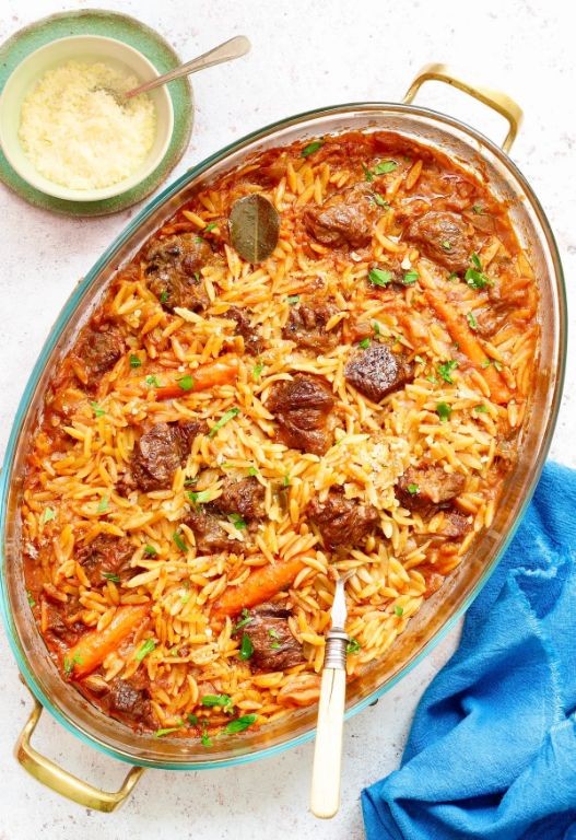 Mediterranean Beef and Orzo Bake
