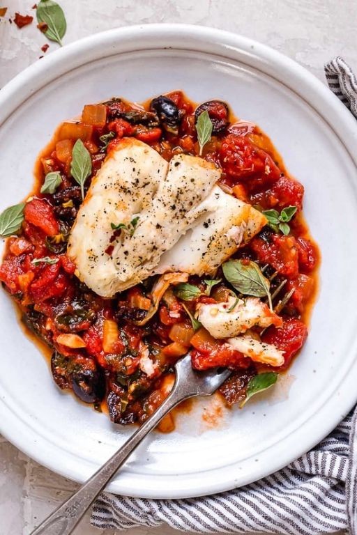 Mediterranean Poached Sea Bass with Tomatoes and Olives