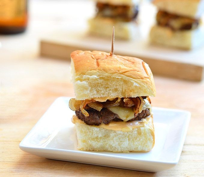 Mini sliders with caramelized onions and spicy mayo