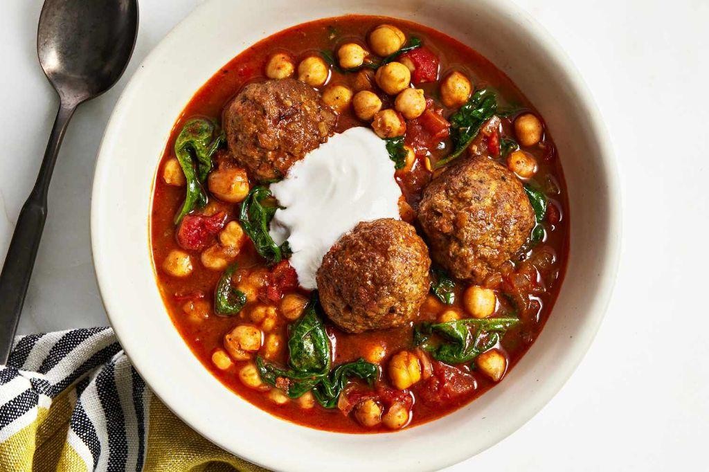 Moroccan Meatball Soup with Chickpeas and Harissa