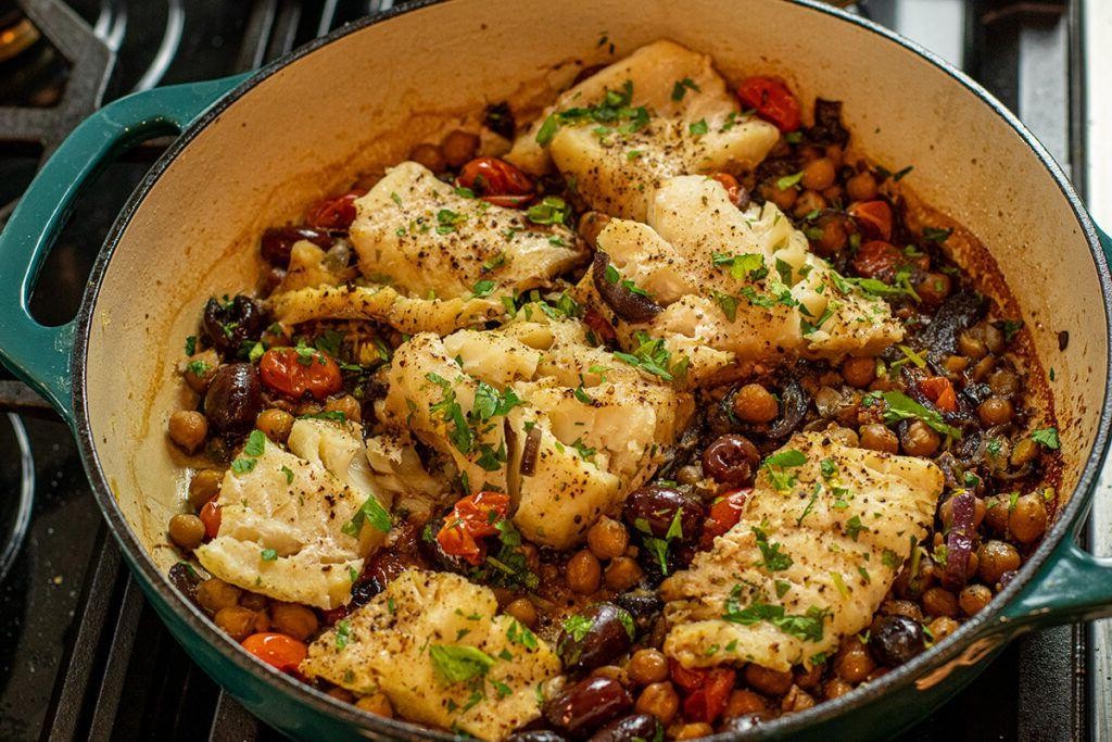 One-Pan Mediterranean Cod with Chickpeas and Spinach