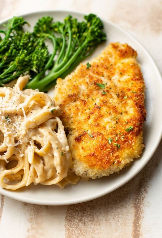 Parmesan Crusted Baked Chicken Breast with Alfredo Sauce