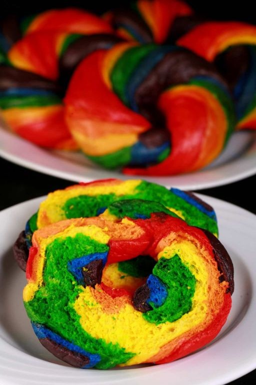 Peanut Butter Swirl Rainbow Bagels with Jelly Dip