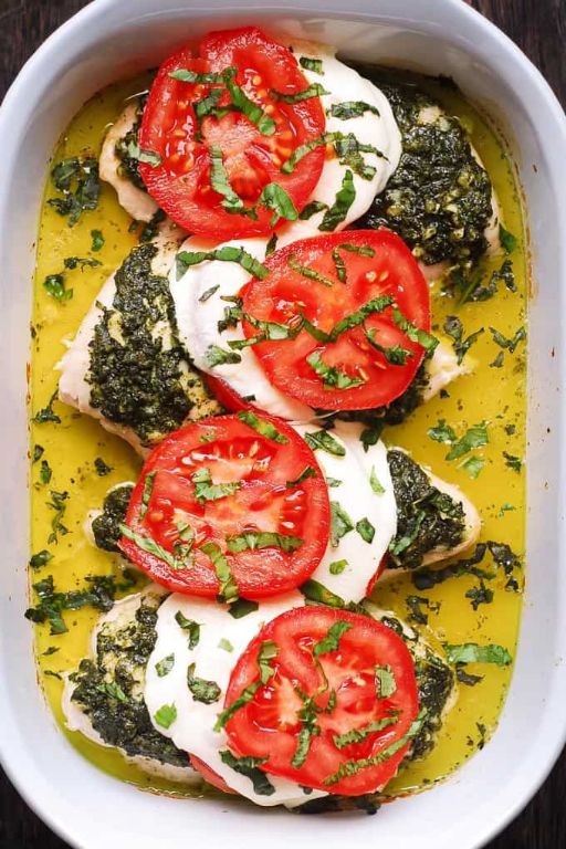 Pesto Chicken with Mozzarella and Cherry Tomatoes