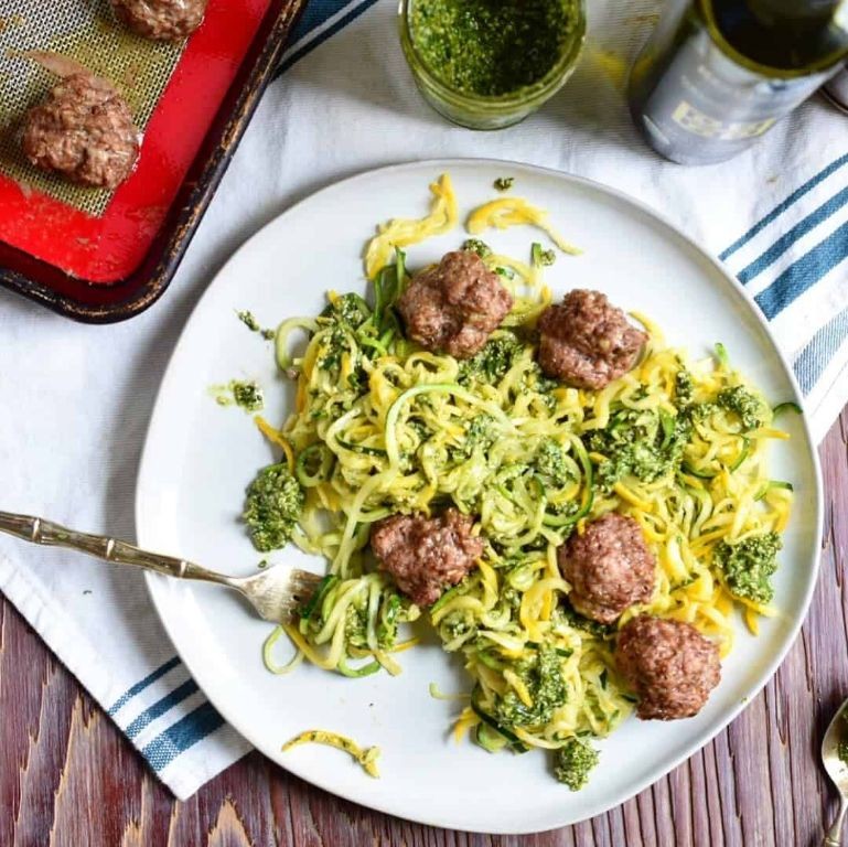 Pesto Turkey Meatballs with Zucchini Noodles