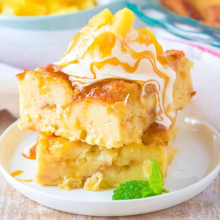 Pineapple bread pudding with vanilla sauce