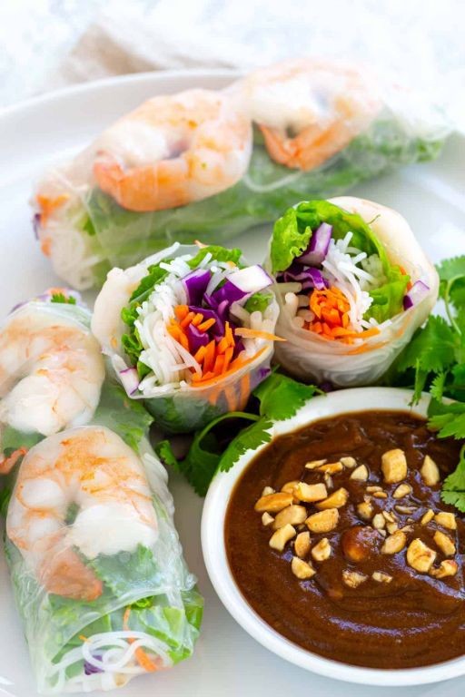 Pink Shrimp Spring Rolls with Peanut Sauce