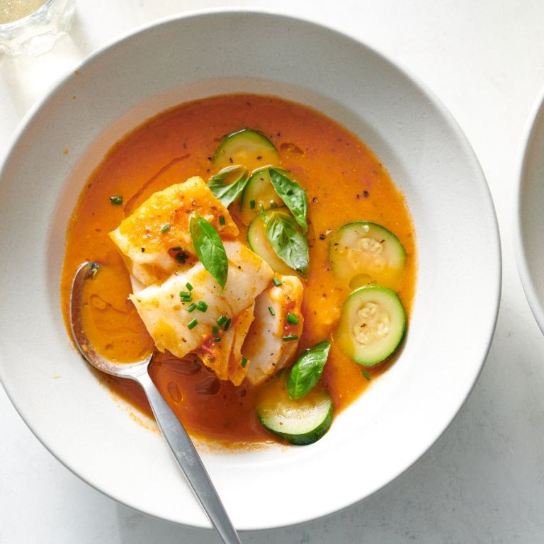 Poached Catfish in Tomato Basil Broth