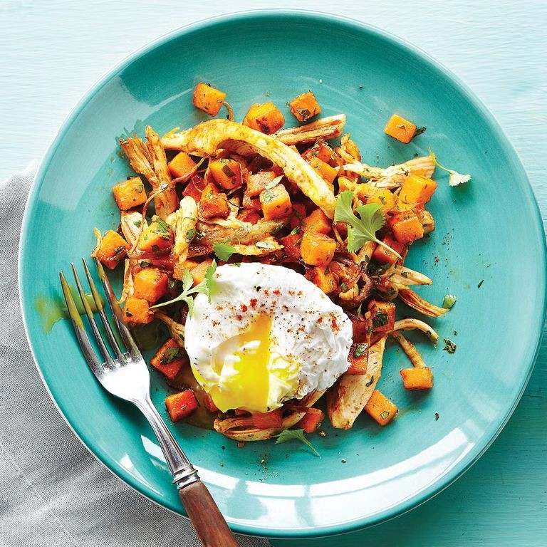 Poached Eggs on Sweet Potato Hash