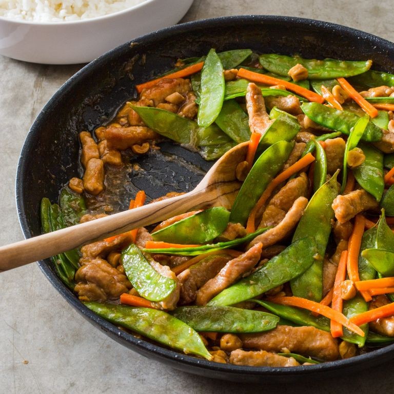 Pork Chunks Stir-Fry with Snow Peas and Cashews