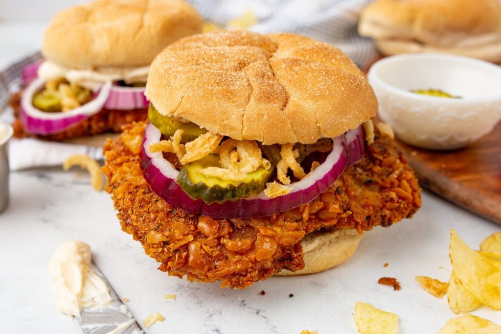 Pork Tenderloin Sandwich with Crispy Onion Rings