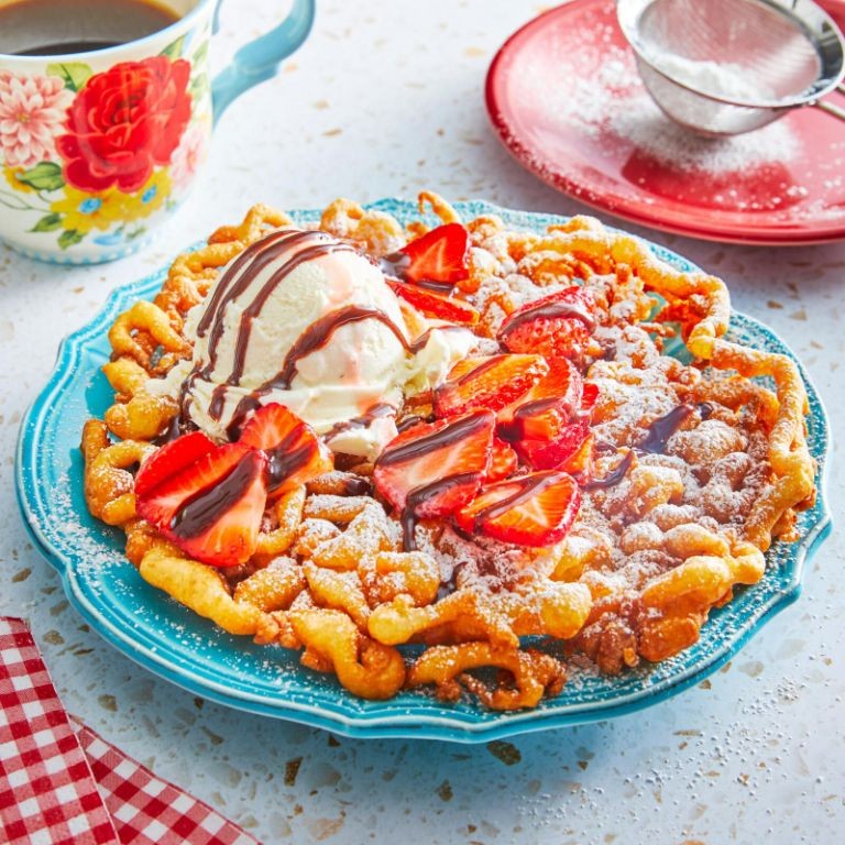 Raspberry Jam Funnel Cake with Vanilla Bean Ice Cream