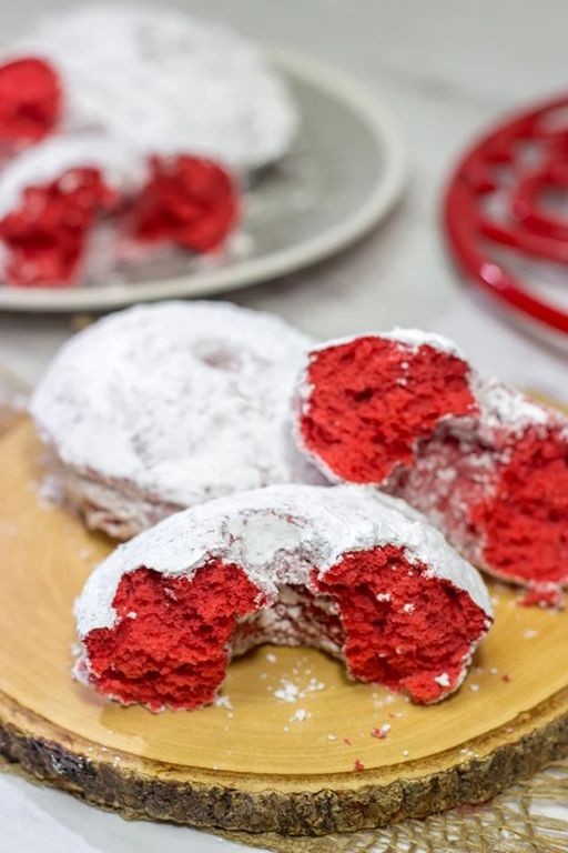 Red Velvet Donuts with Powdered Sugar Dusting