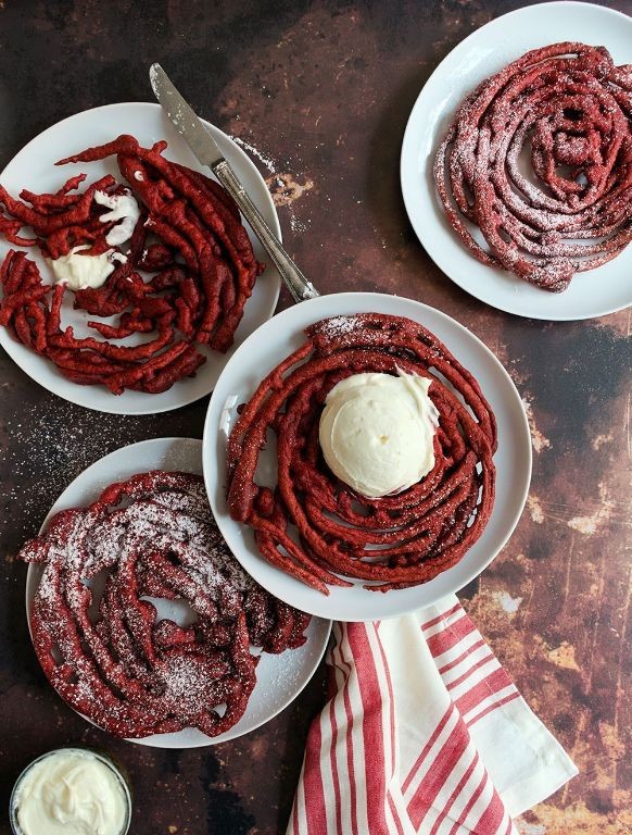 Red Velvet Funnel Cake with Cream Cheese Frosting