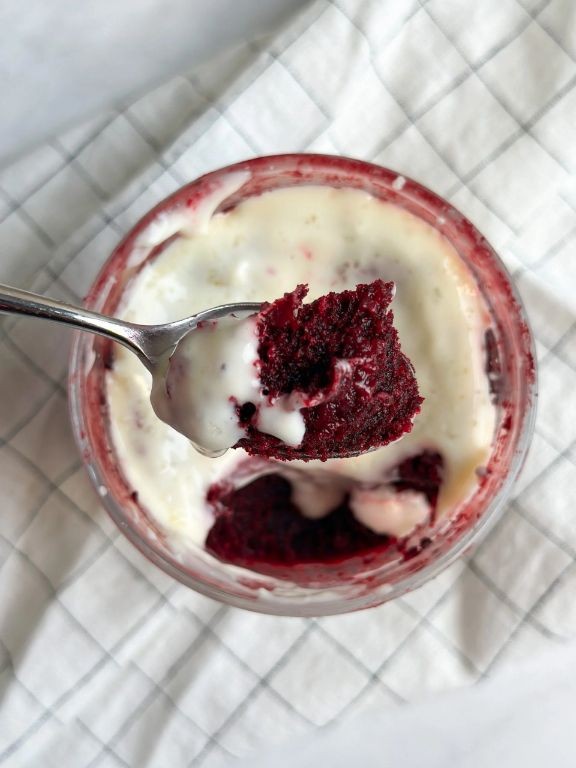 Red Velvet Mug Muffin with Cream Cheese Drizzle